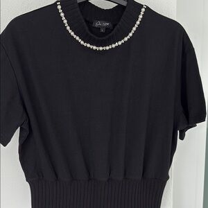 Black Puff Sleeve Ribbed T-Shirt with Silver Embellishments